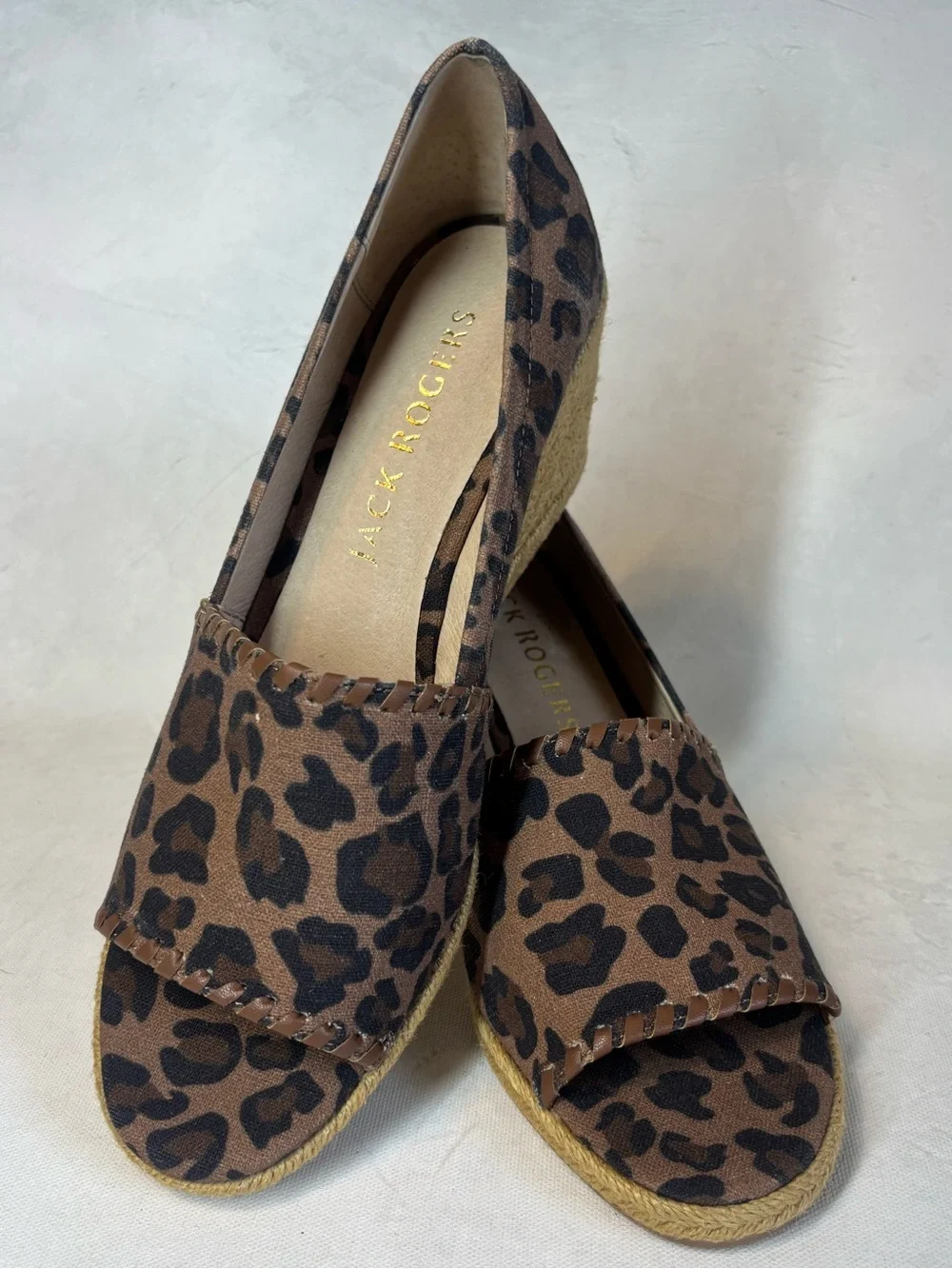 Jack Rogers Brown Leopard Espadrille Wedge Peep Toe Shoes, size 8